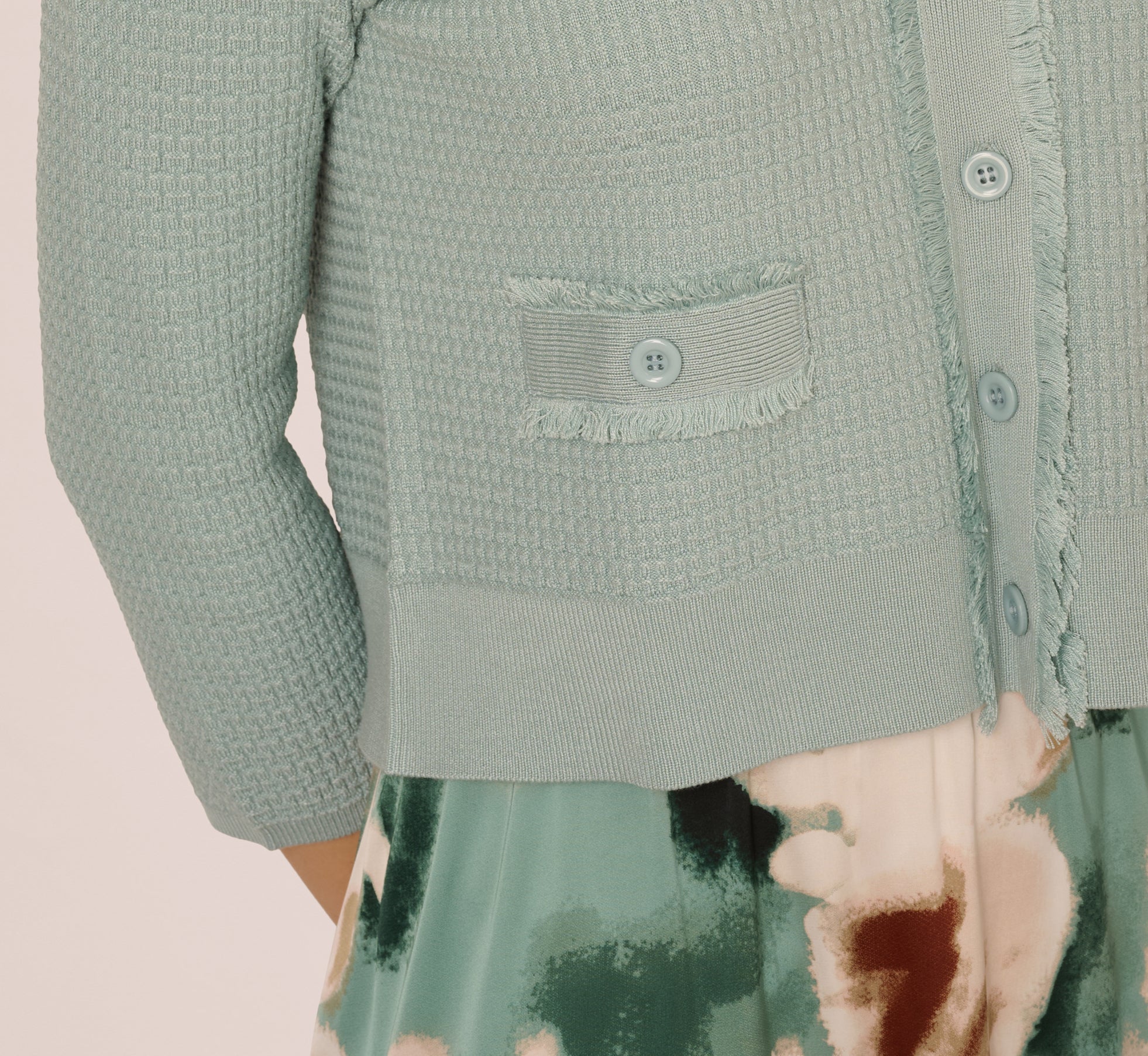 Waffle Knit Cardigan Sweater With Frayed Edges In Dusty Seamist