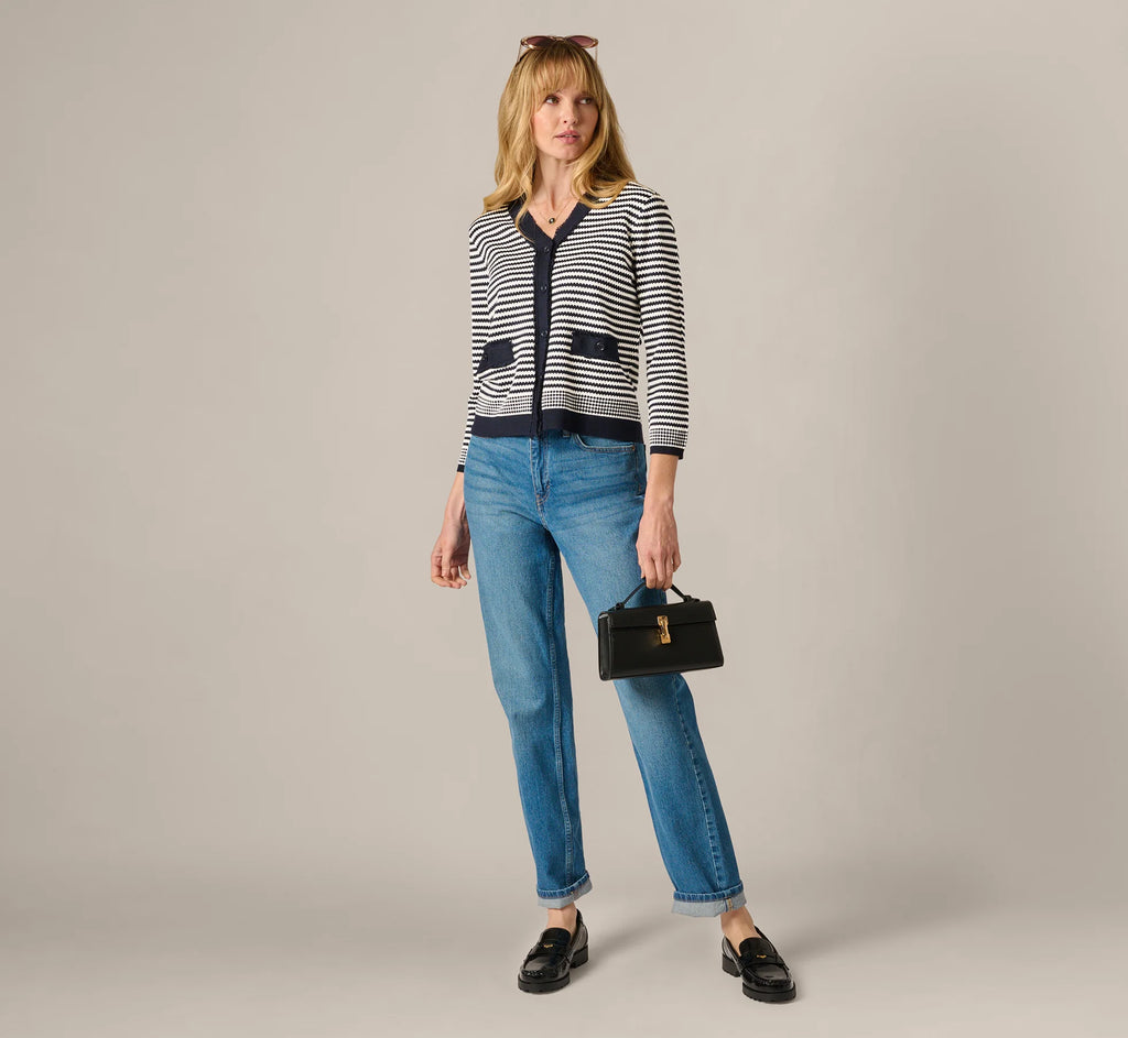 Fringe Trim Cardigan Sweater In Navy Ivory