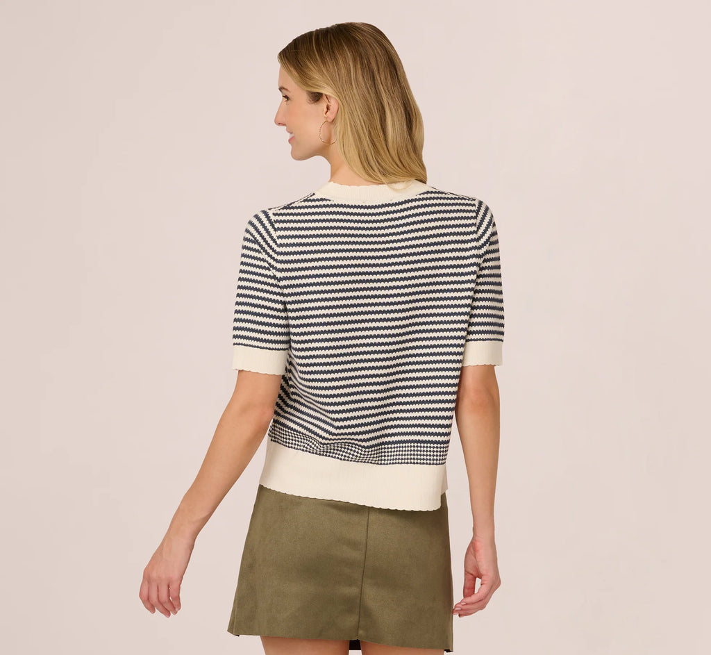 Short Sleeve Scalloped Stripe Pullover Sweater In Ivory Slate Blue