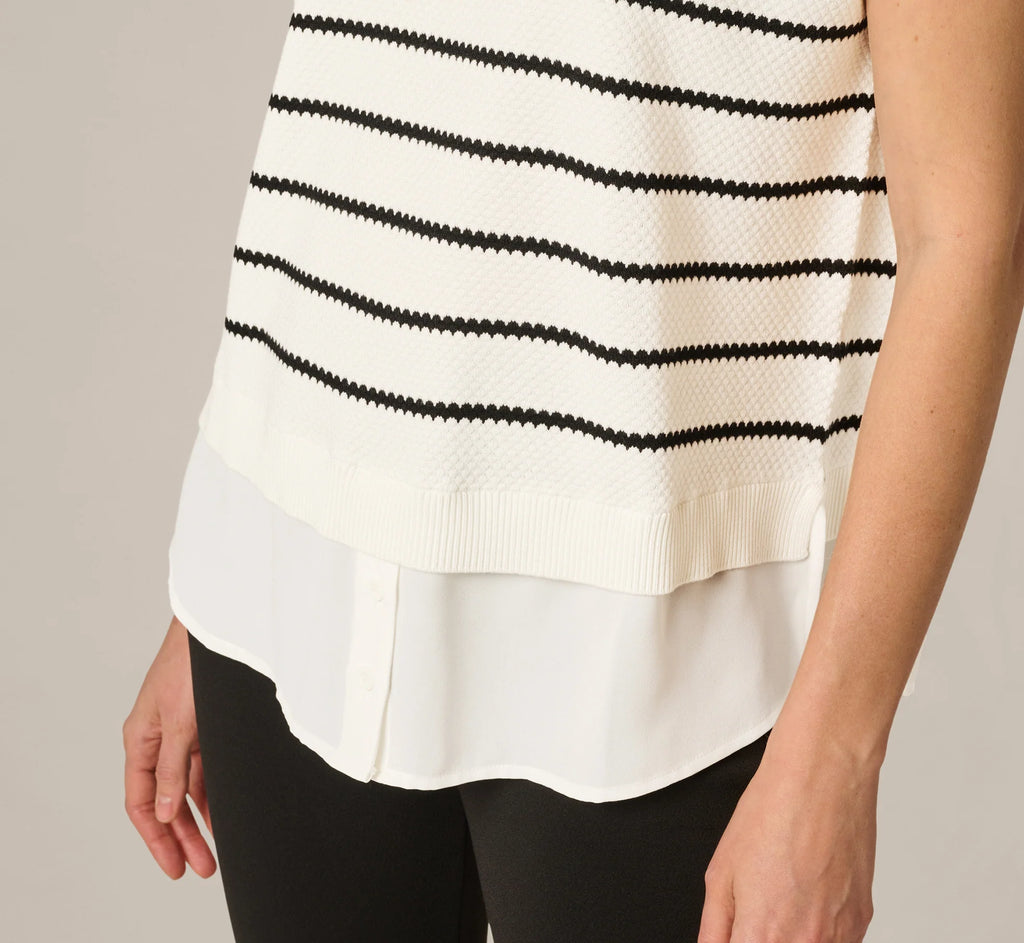 Short Sleeve Drop Shoulder Twofer Sweater In Ivory Black W  Ivory