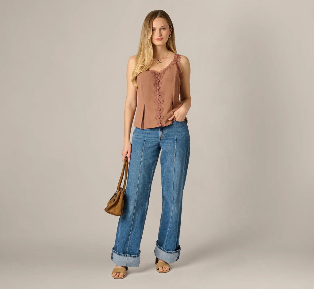 Pleated Lace Trim Tank Top In Acorn
