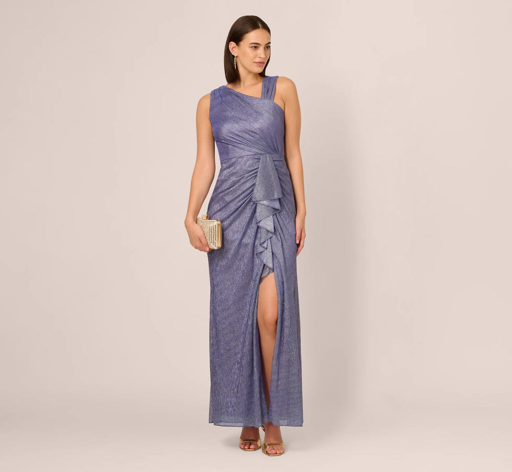 Draped Metallic Foil Long Dress In Peri Cruise