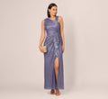 Draped Metallic Foil Long Dress In Peri Cruise