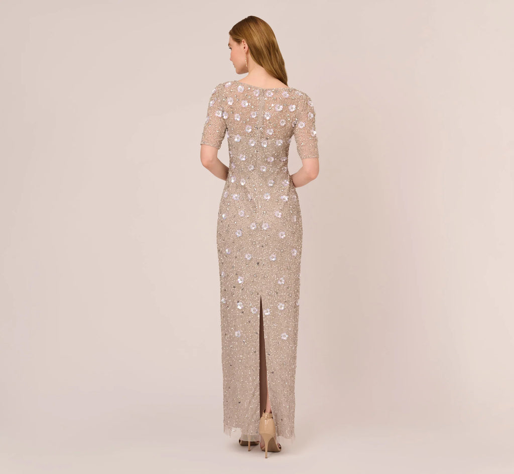 Long Hand Beaded 3D Floral Dress With Elbow Sleeves In Marble