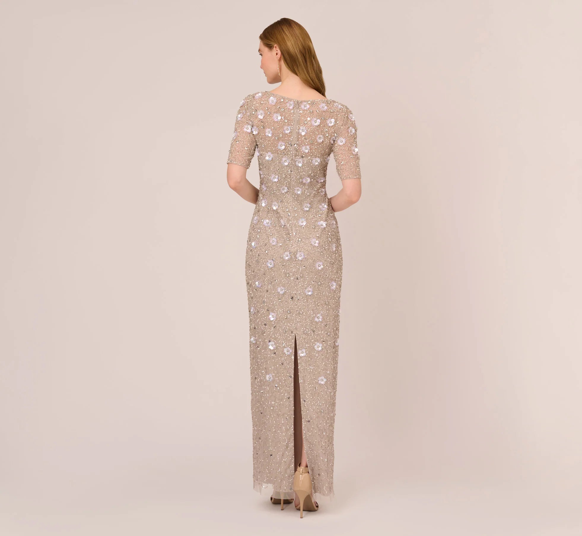 Long Hand Beaded 3D Floral Dress With Elbow Sleeves In Marble