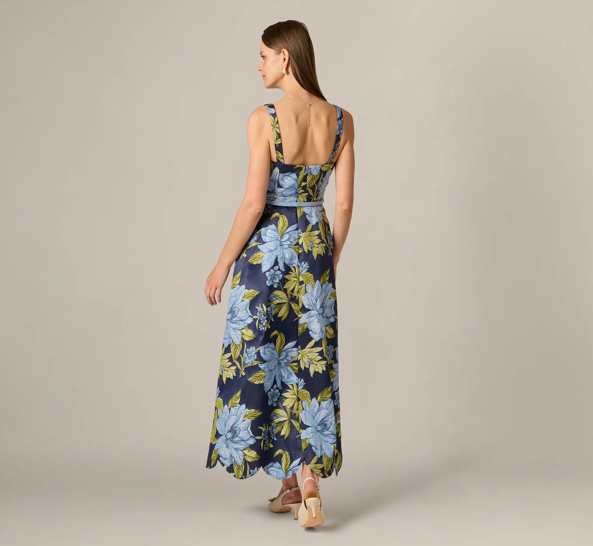 Floral Jacquard Sweetheart Scalloped Ankle Dress In Blue Multi
