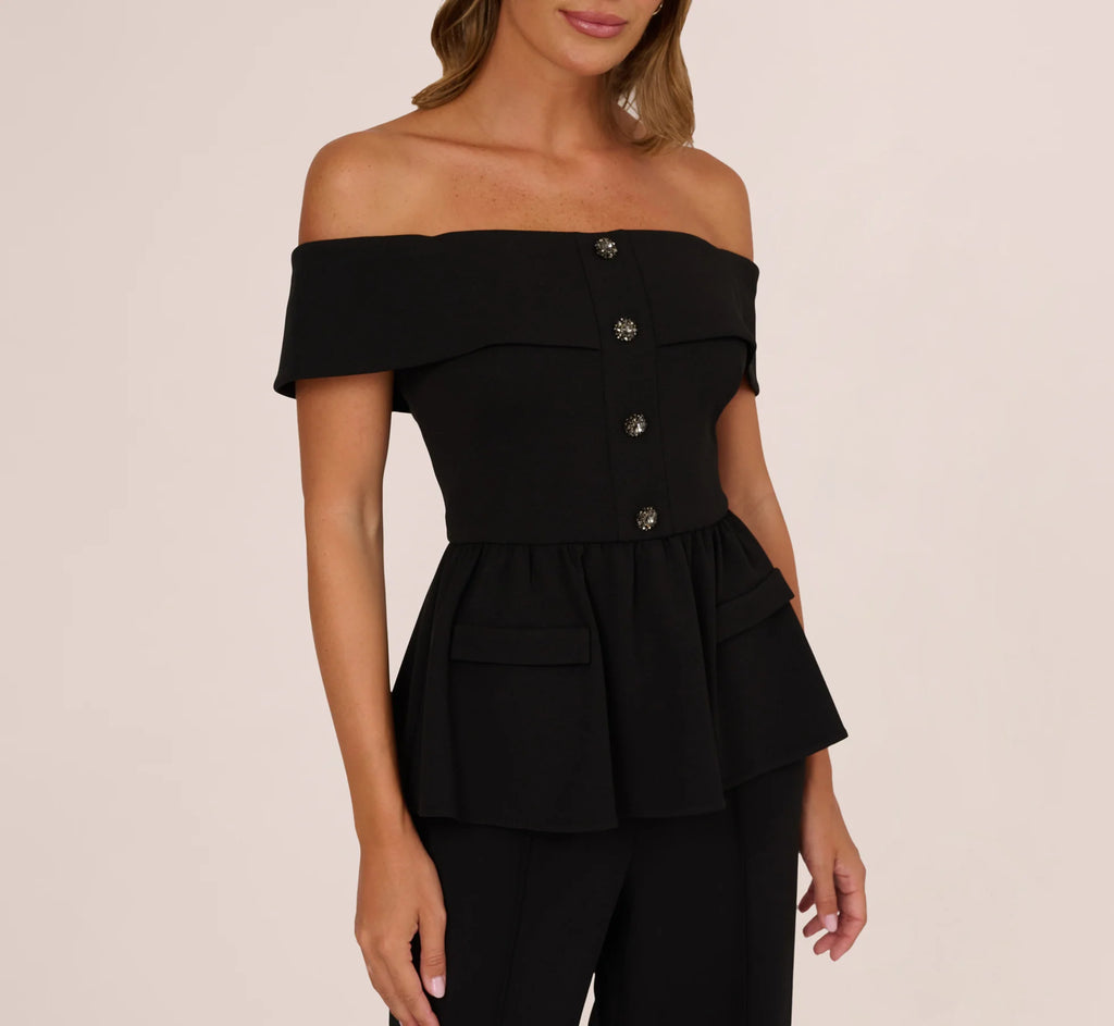 Off Shoulder Crepe Peplum Jumpsuit In Black
