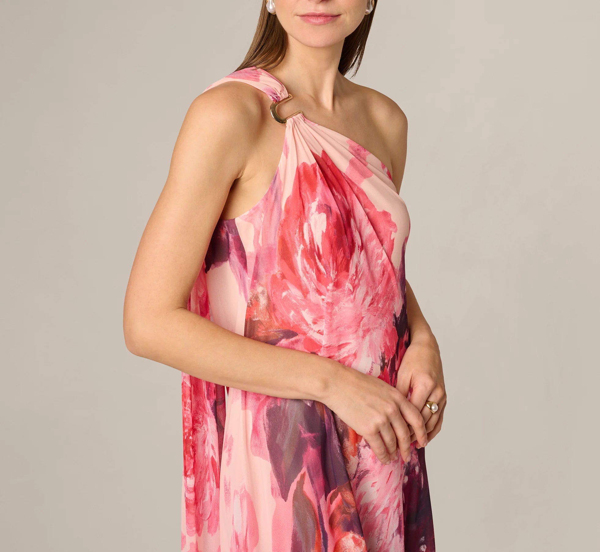 One Shoulder Peony Floral Chiffon Scarf Gown In Pink Multi