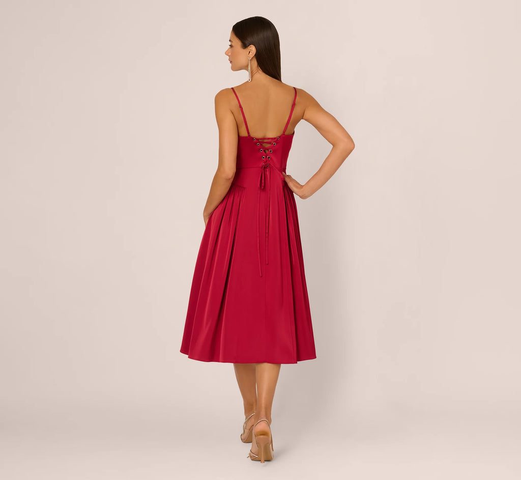 Stretch Satin Corset Back Midi Dress In Matador Red
