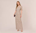 Long Hand Beaded 3D Floral Dress With Elbow Sleeves In Marble