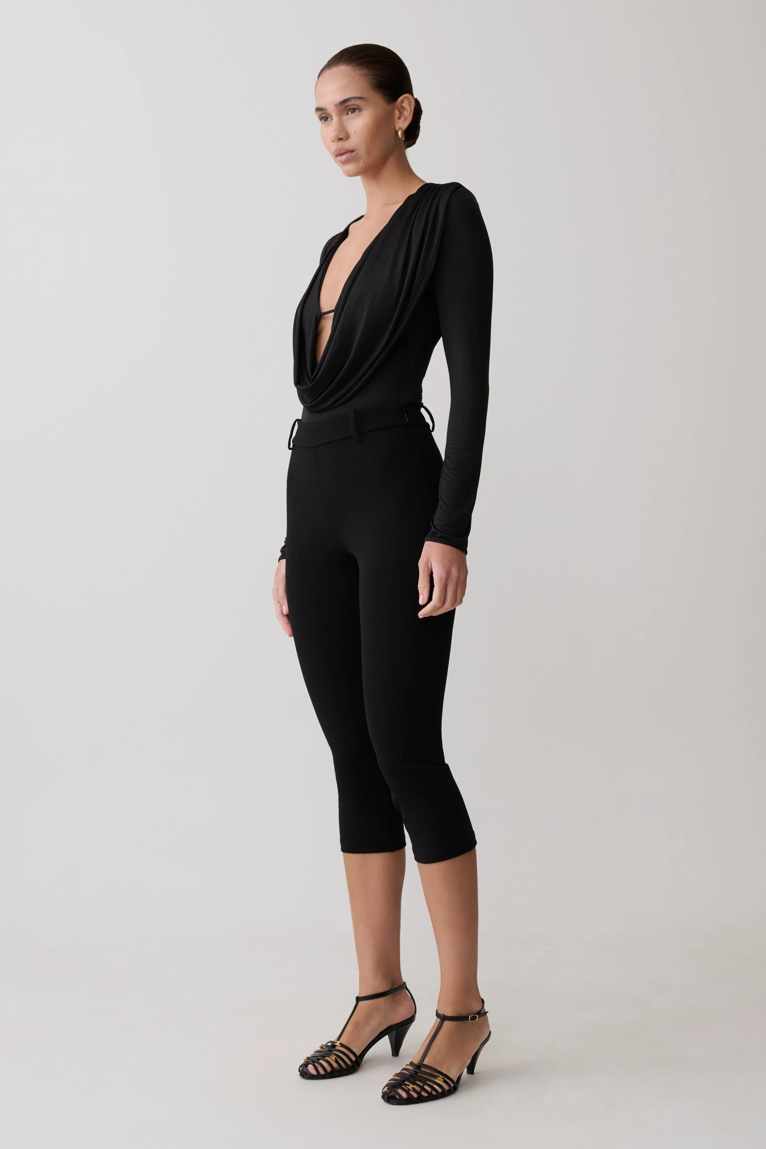 Ren Cowl Long Sleeve Slinky Bodysuit - Black