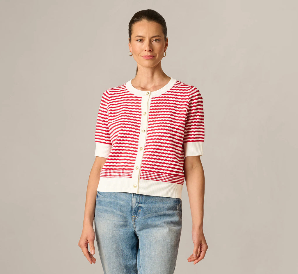 Short Sleeve Metallic Button Cardigan Sweater In Ivory Red