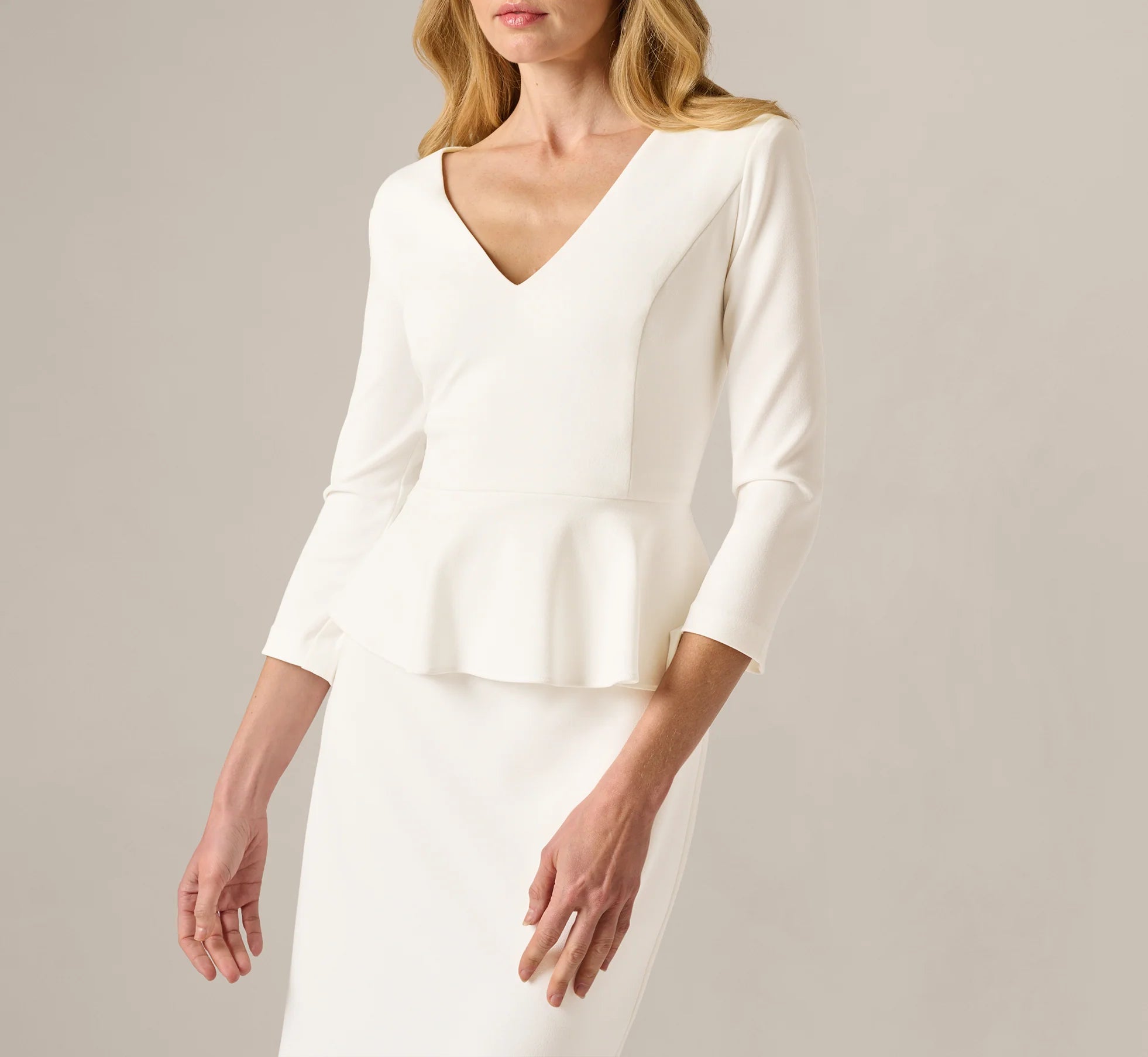 Three Quarter Sleeve Peplum Sheath Dress In Ivory