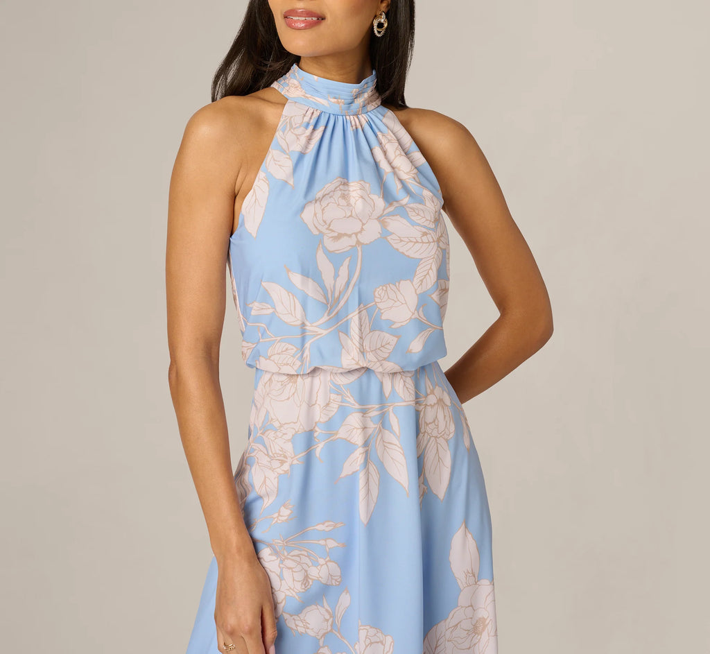 Floral Chiffon Blouson Halter Midi Dress In Blue Ivory