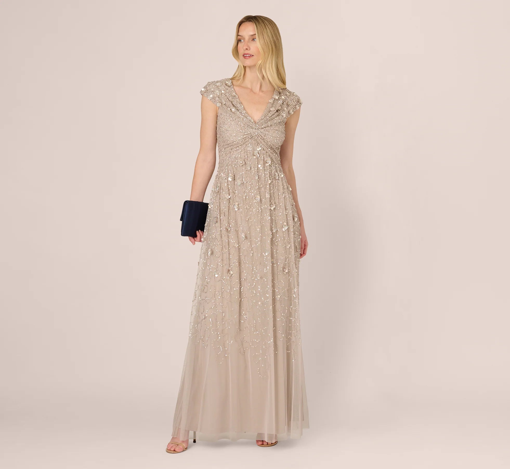Cap Sleeve Beaded Sequin Floral Gown In Marble