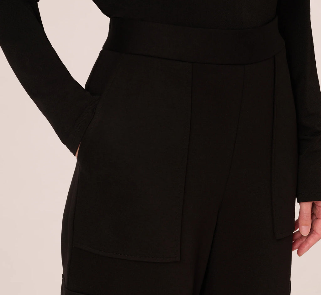 Ponte Knit Wide Leg Cargo Pant In Black