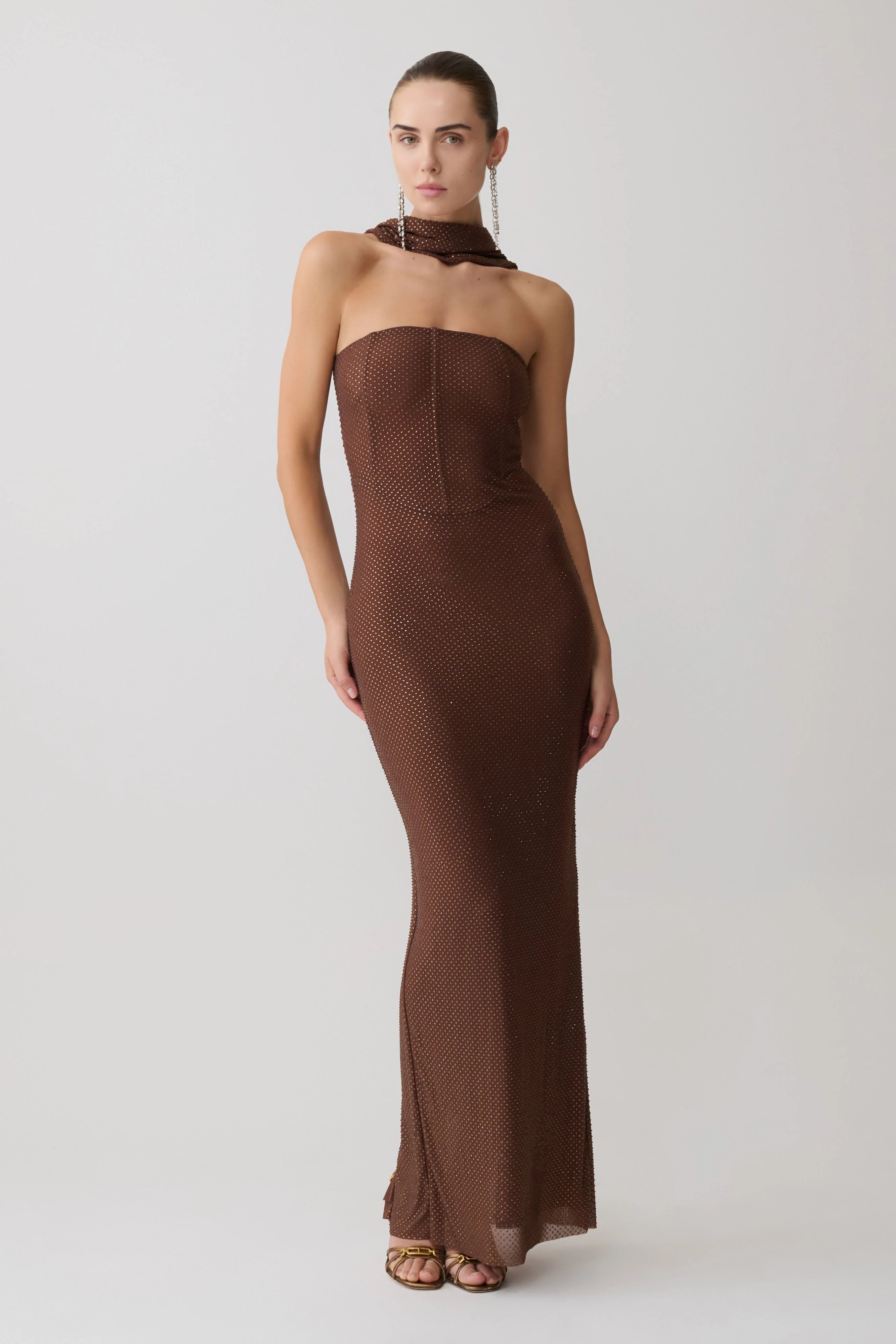 Phi Multi-Wear Cowl Diamante Maxi Dress - Chocolate