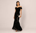 Off The Shoulder Velvet Mermaid Gown With Organza Ruffle In Black