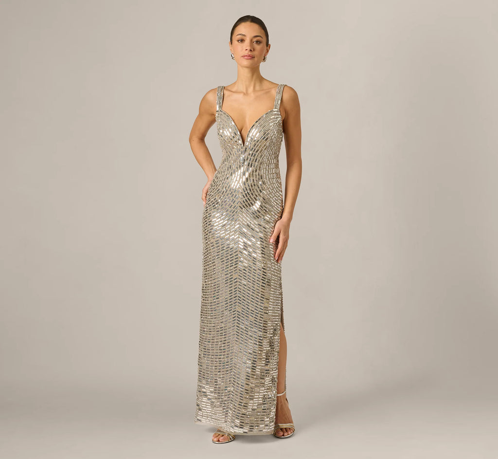 Plunge Neck Mirror Beaded Gown In Silver