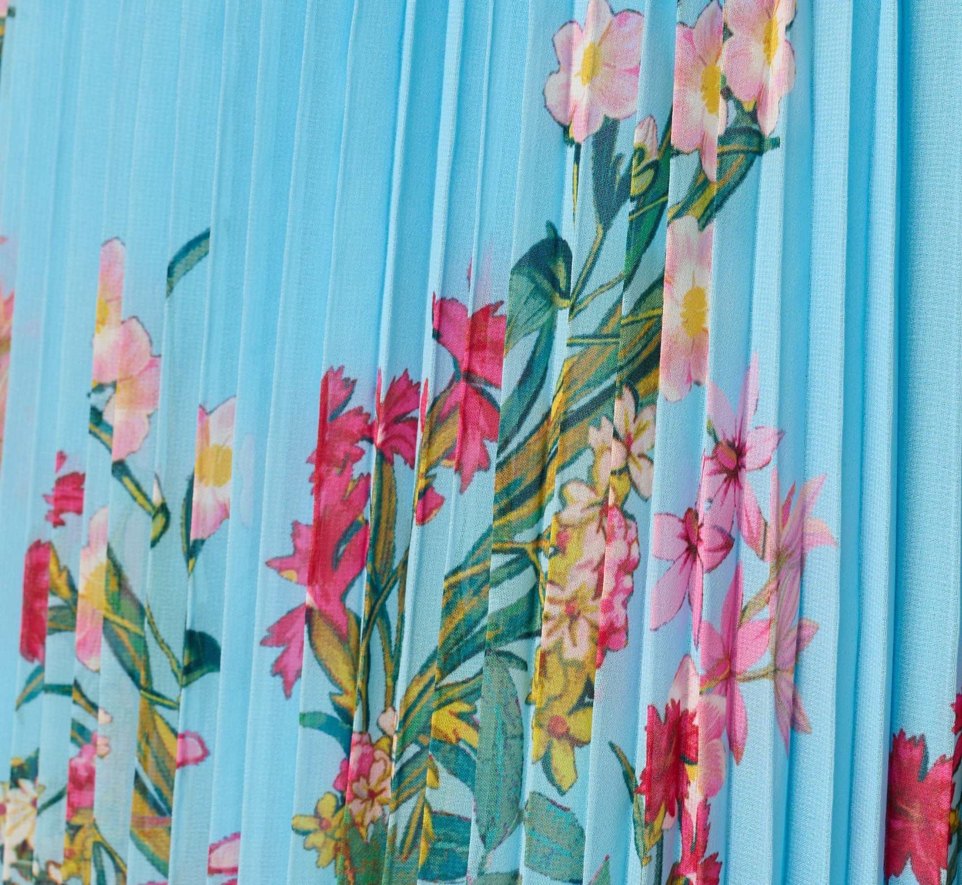 Pleated Wildflower Border Midi Dress In Light Blue Multi