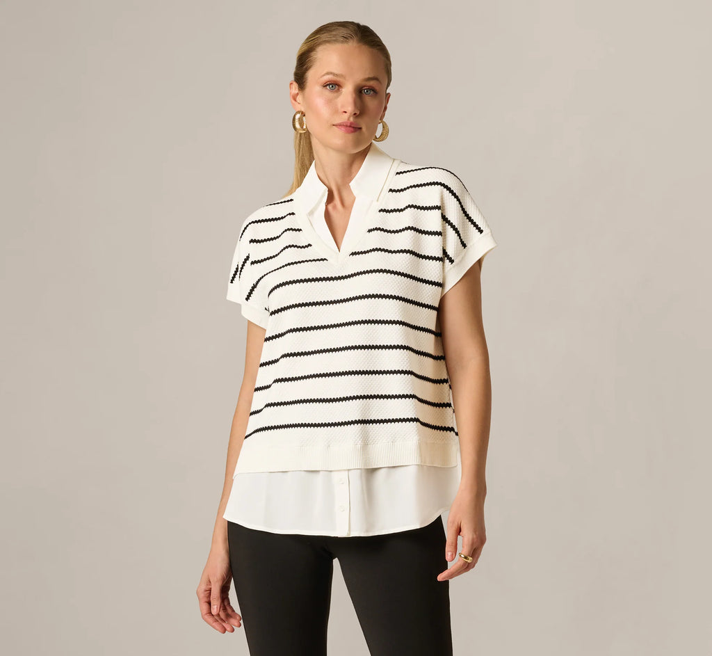 Short Sleeve Drop Shoulder Twofer Sweater In Ivory Black W  Ivory