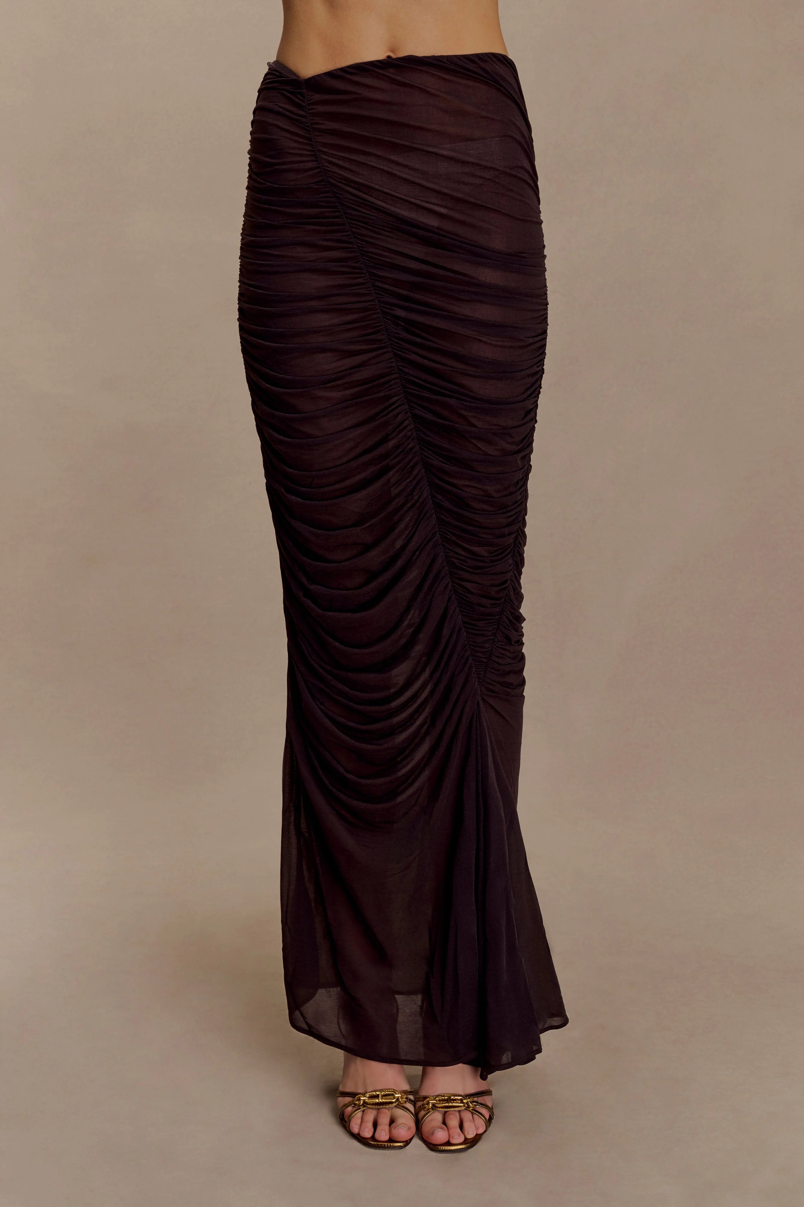 Matilda Ruched Mesh Maxi Skirt - Chocolate