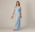 Asymmetrical Draped Neck Stretch Satin Gown In Elegant Sky