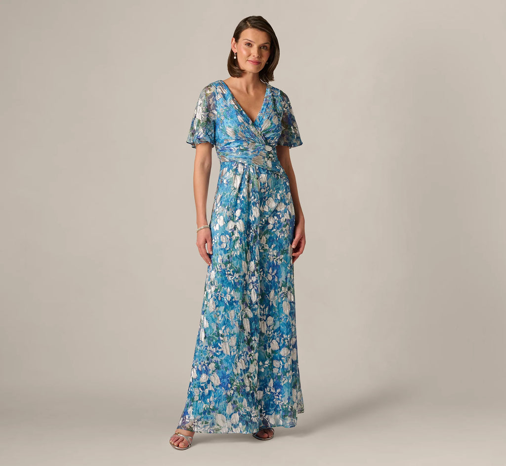 Flutter Sleeve Crinkle Foil Floral Gown In Blue Multi
