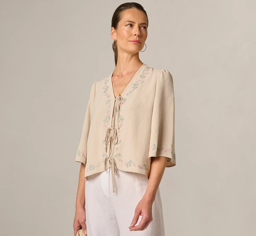 Bell Sleeve Floral Embroidered Tie Front Top In Pebble