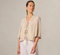 Bell Sleeve Floral Embroidered Tie Front Top In Pebble