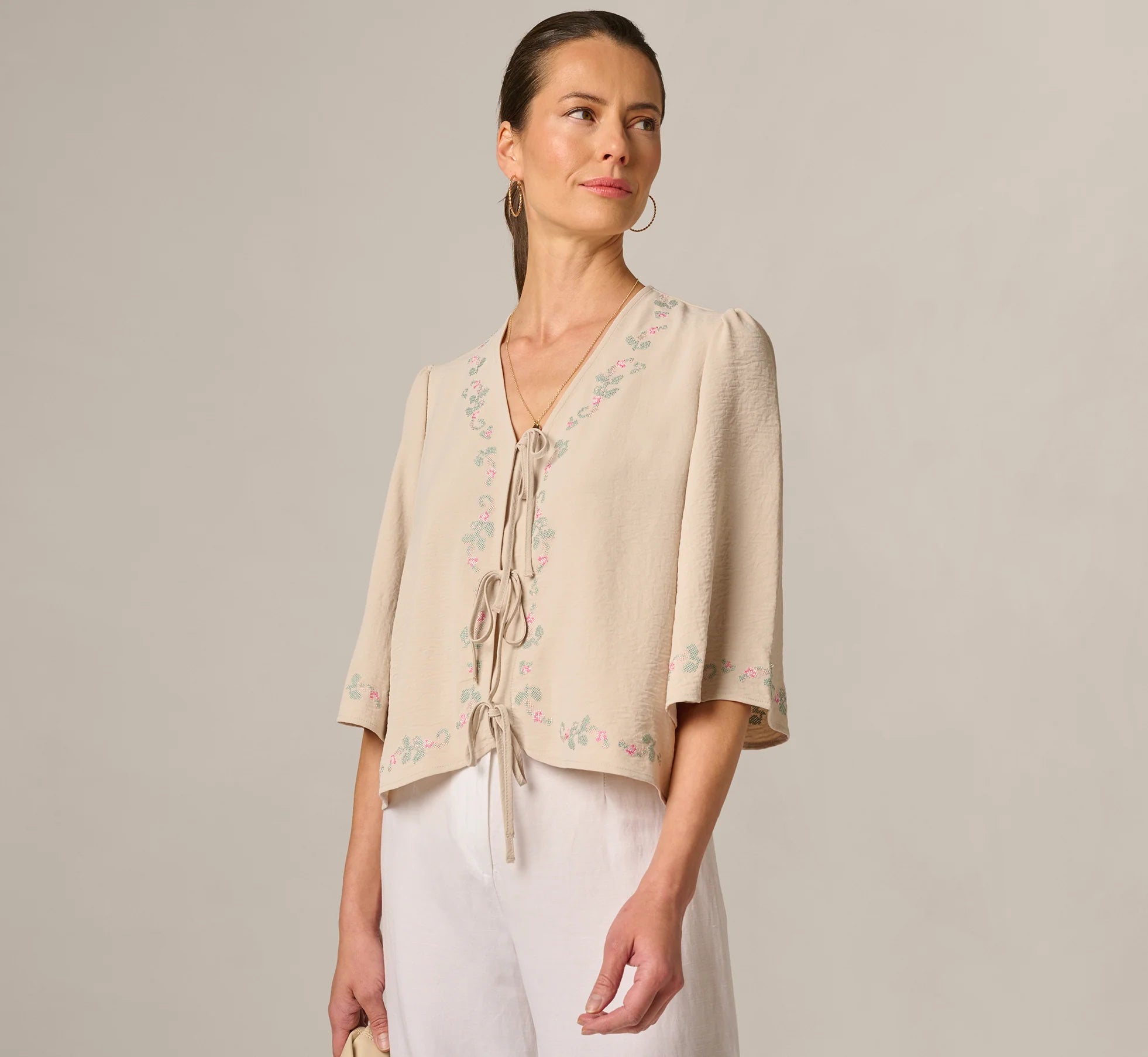 Bell Sleeve Floral Embroidered Tie Front Top In Pebble