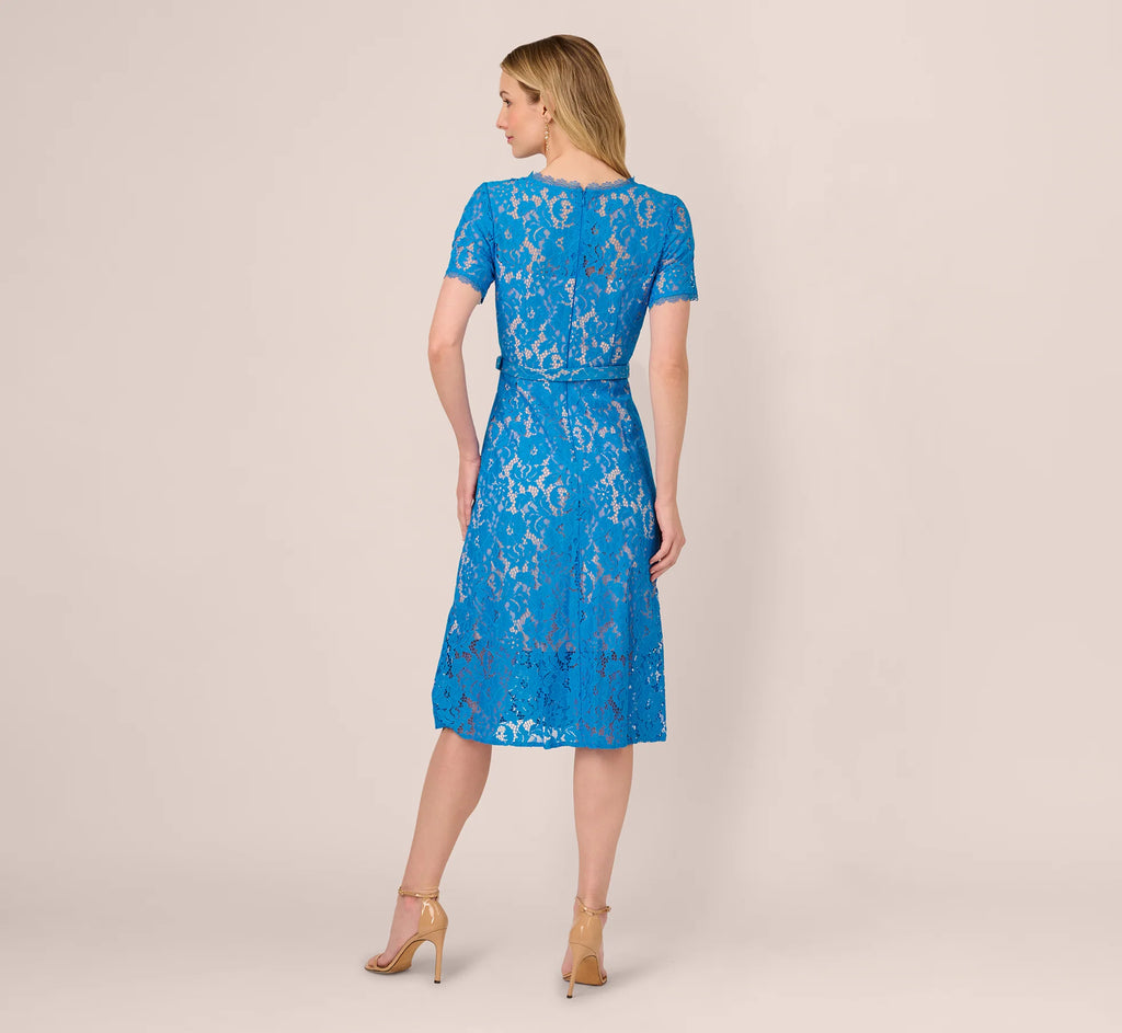 Short Sleeve Belted Lace Midi Dress In Blue Wave