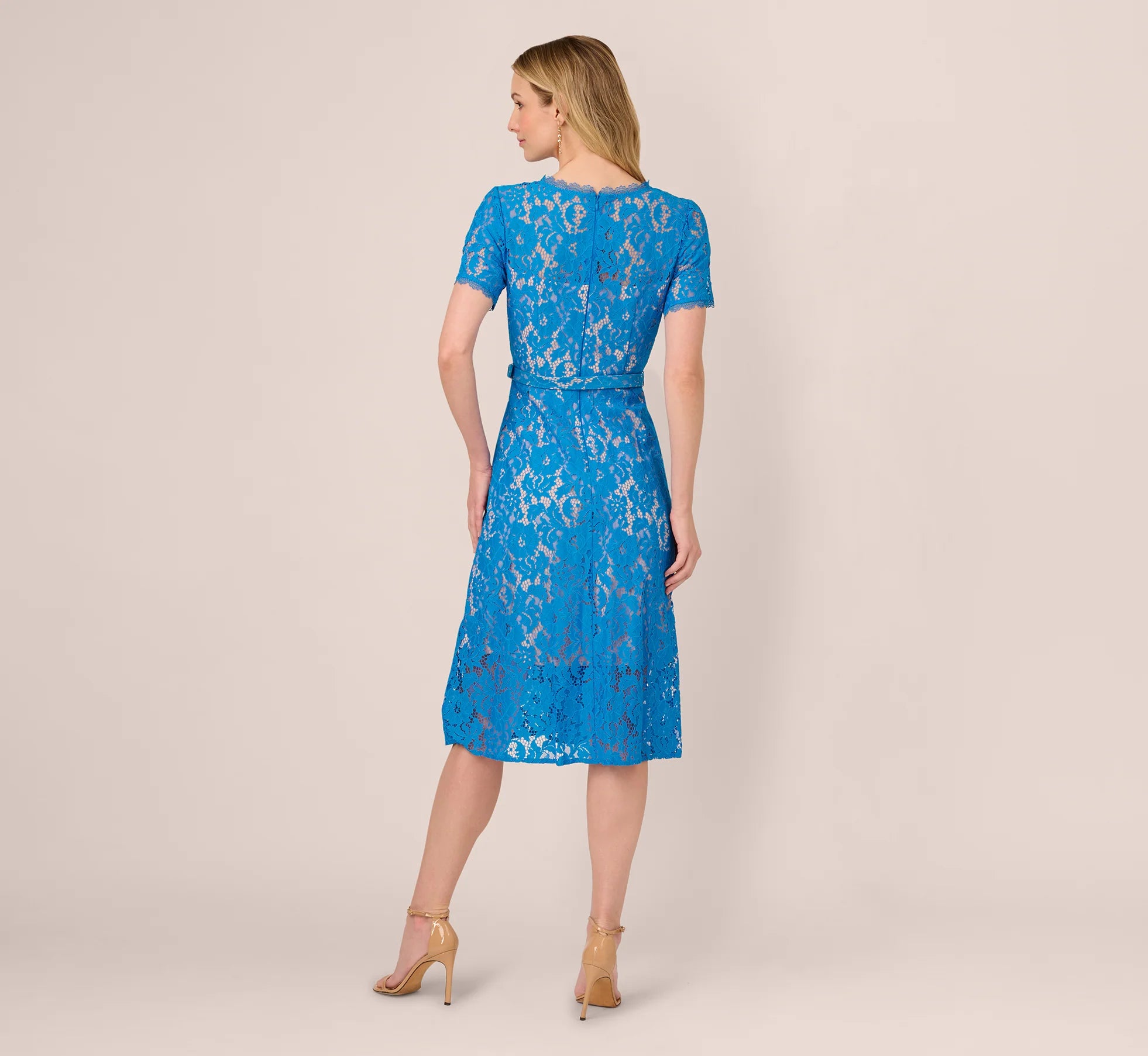 Short Sleeve Belted Lace Midi Dress In Blue Wave