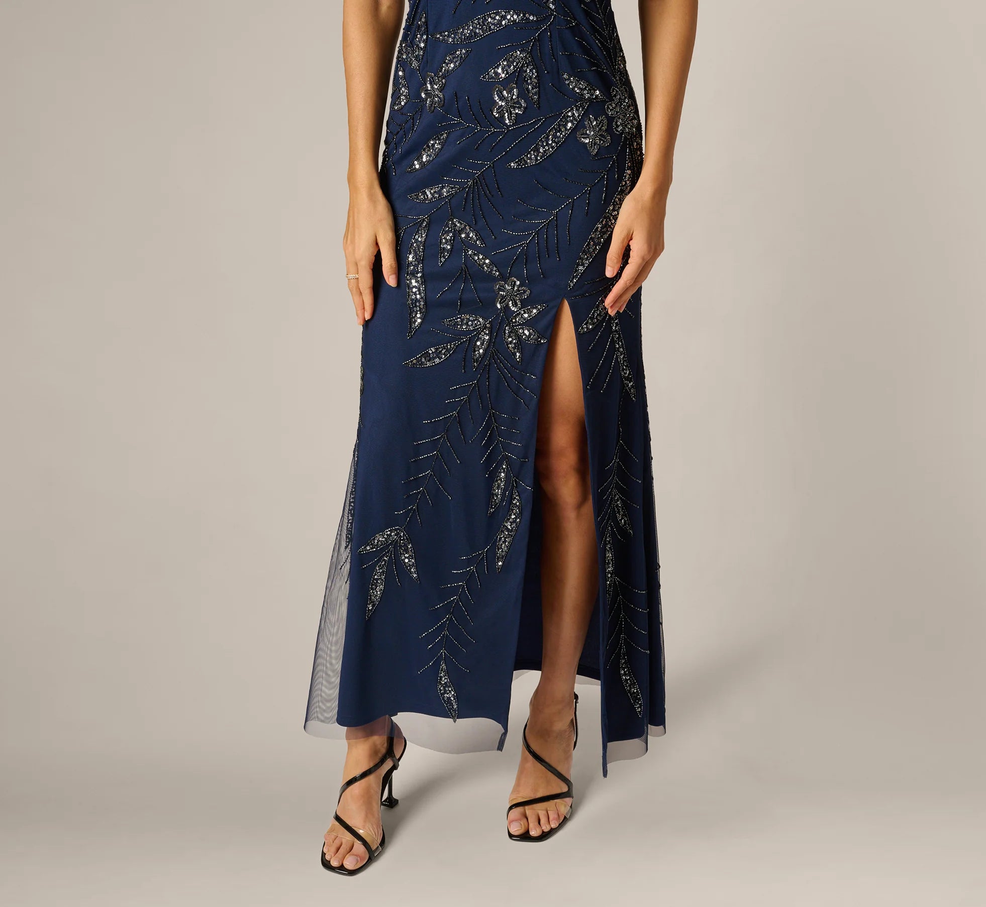 One Shoulder Floral Sequin Bead Gown In Light Navy