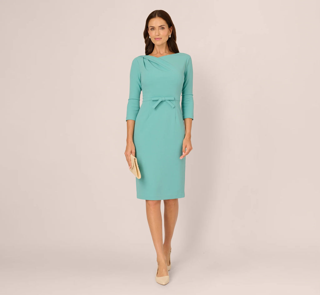 Three Quarter Sleeve Drape Collar Sheath Dress In Smoky Jade