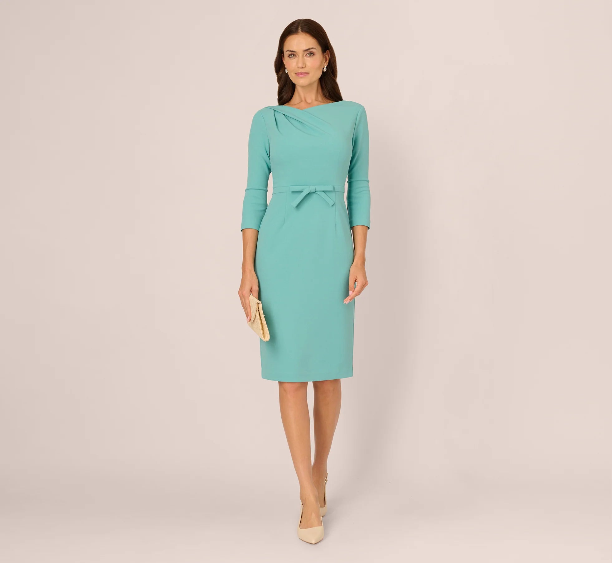 Three Quarter Sleeve Drape Collar Sheath Dress In Smoky Jade