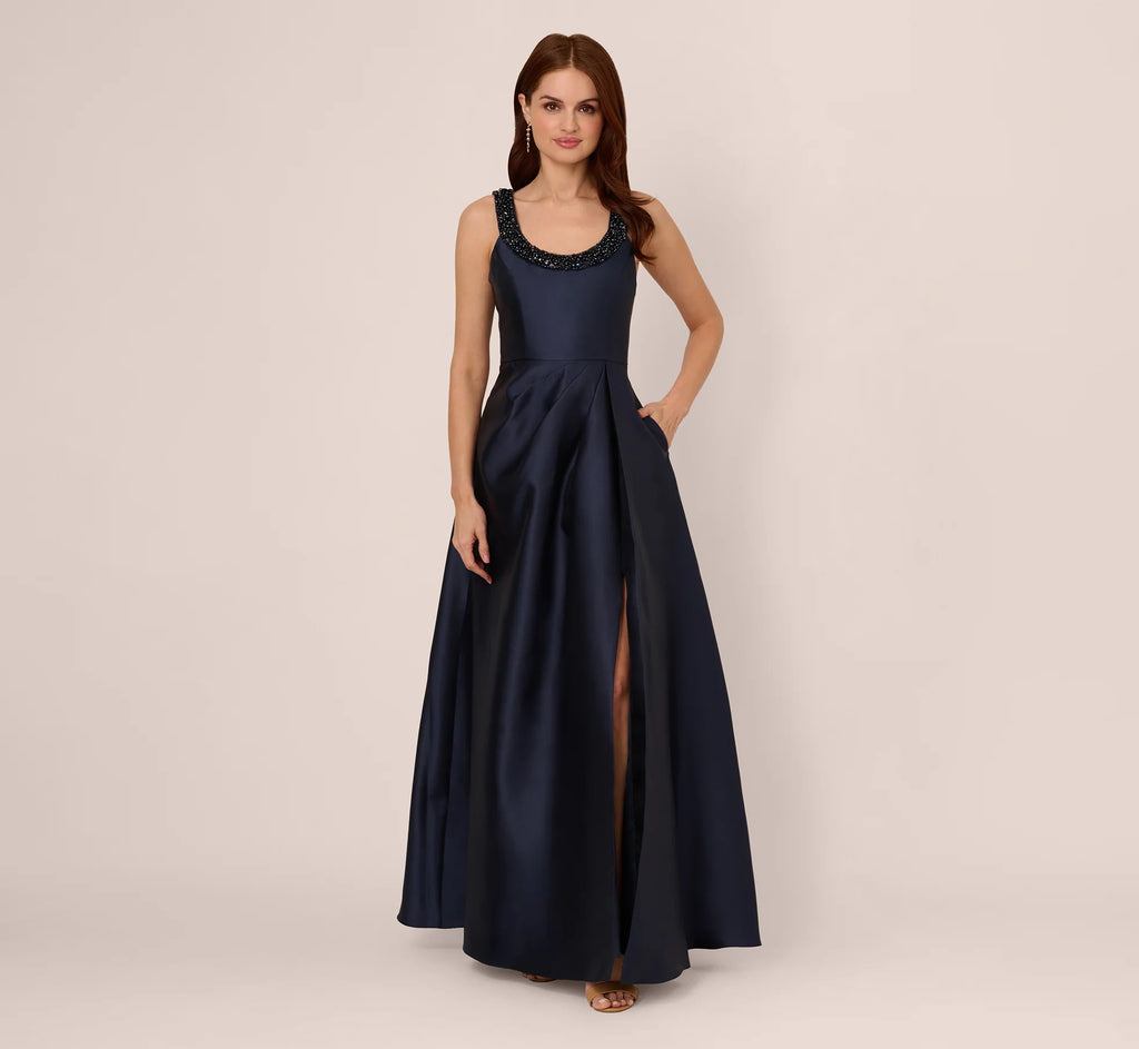 Sleeveless Beaded Mikado Fit And Flare Gown In Midnight