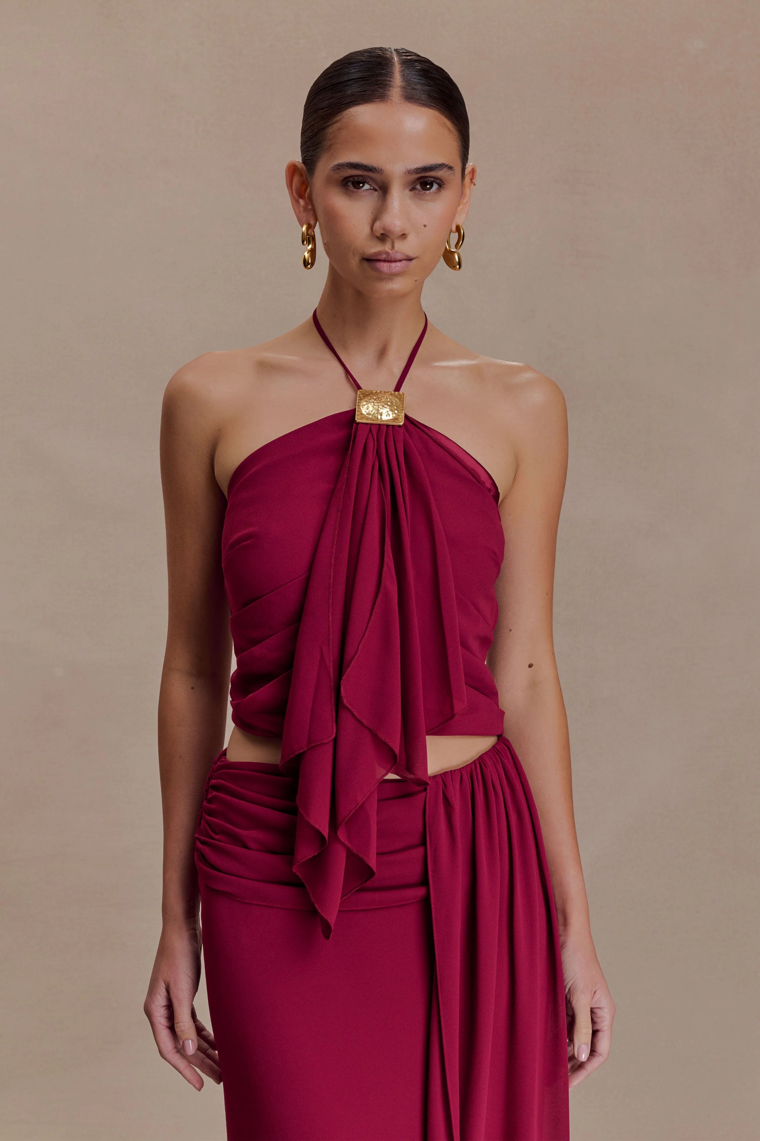Celina Chiffon Halter Top With Hardware - Cherry Red