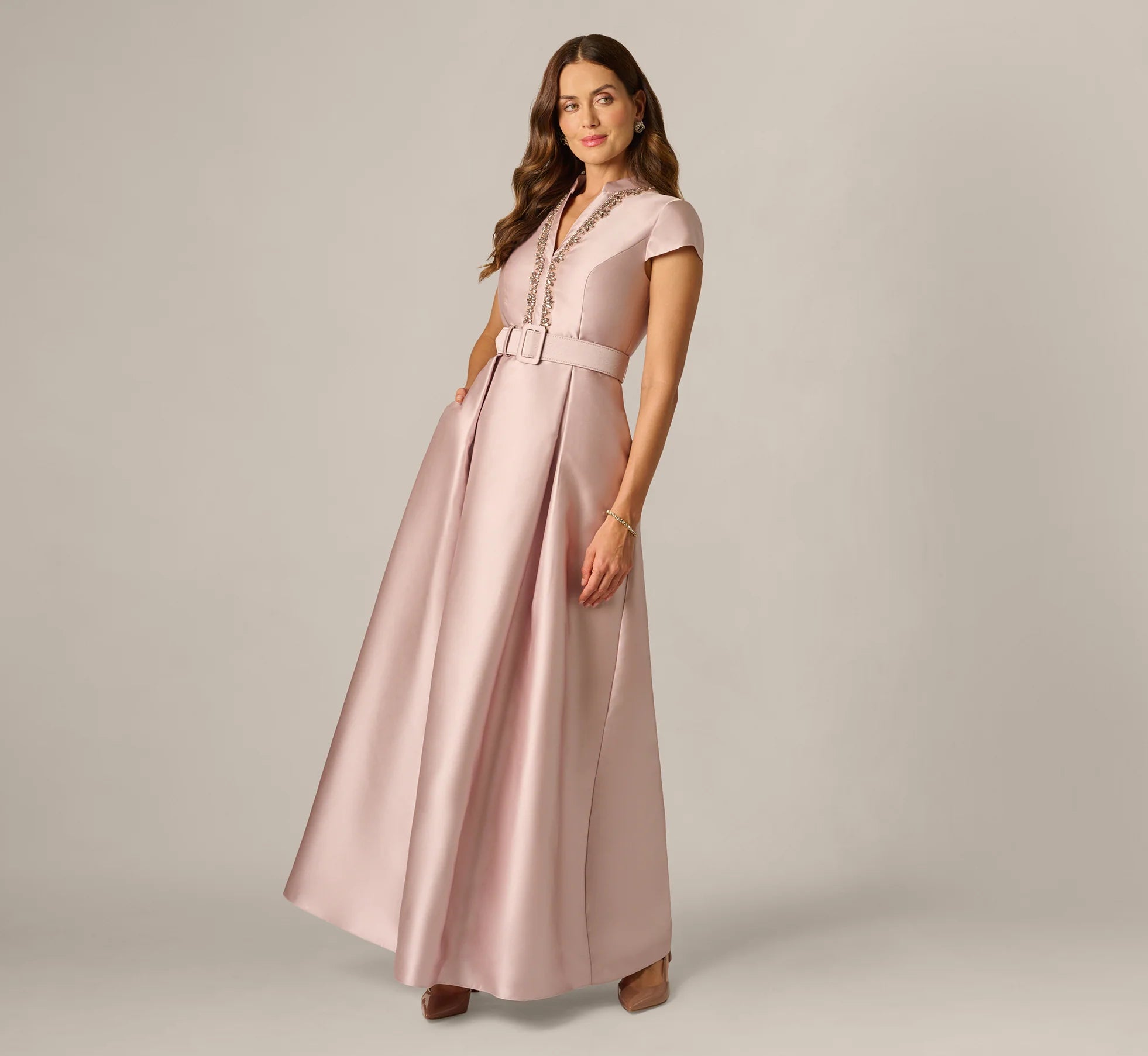 Cap Sleeve Beaded Collar Ballgown In Bellini