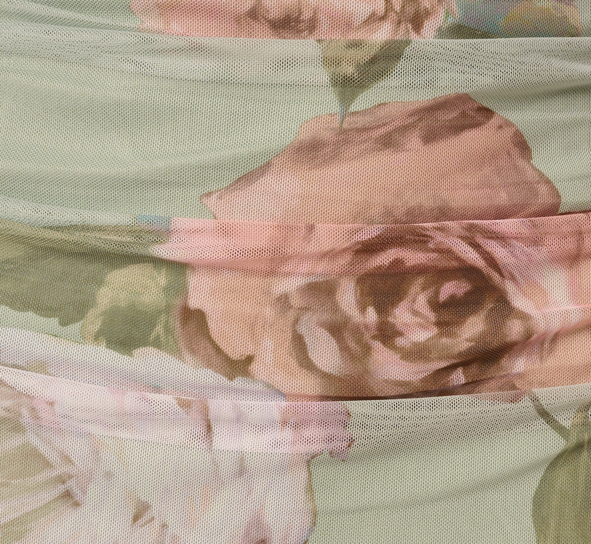 Floral Print Stretch Mesh Ruched Gown In Sage Multi