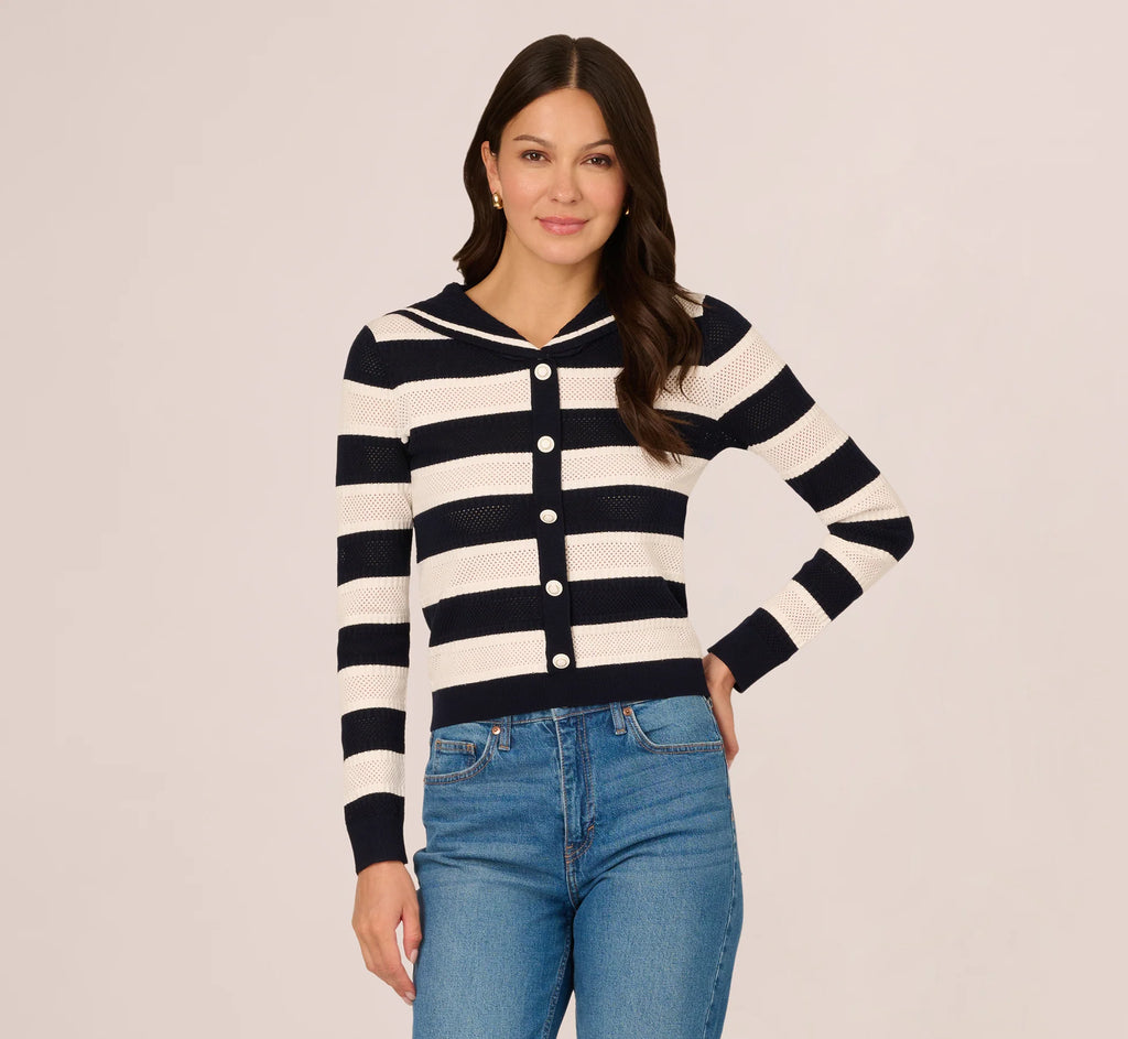Striped Open Knit Sailor Collar Cardigan In Blue Moon Ivory