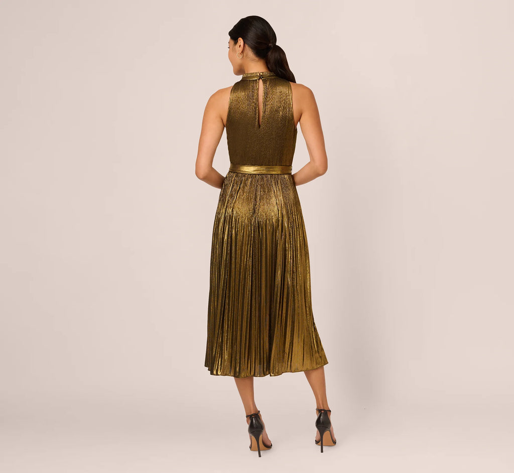 Halter Pleated Metallic Dress In Gold