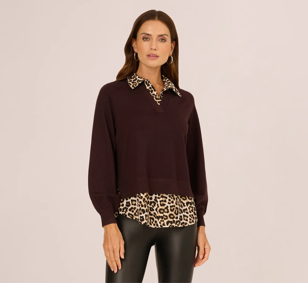 Long Sleeve Collared Printed Twover Sweater In Brownie W  Bengal Cheetah