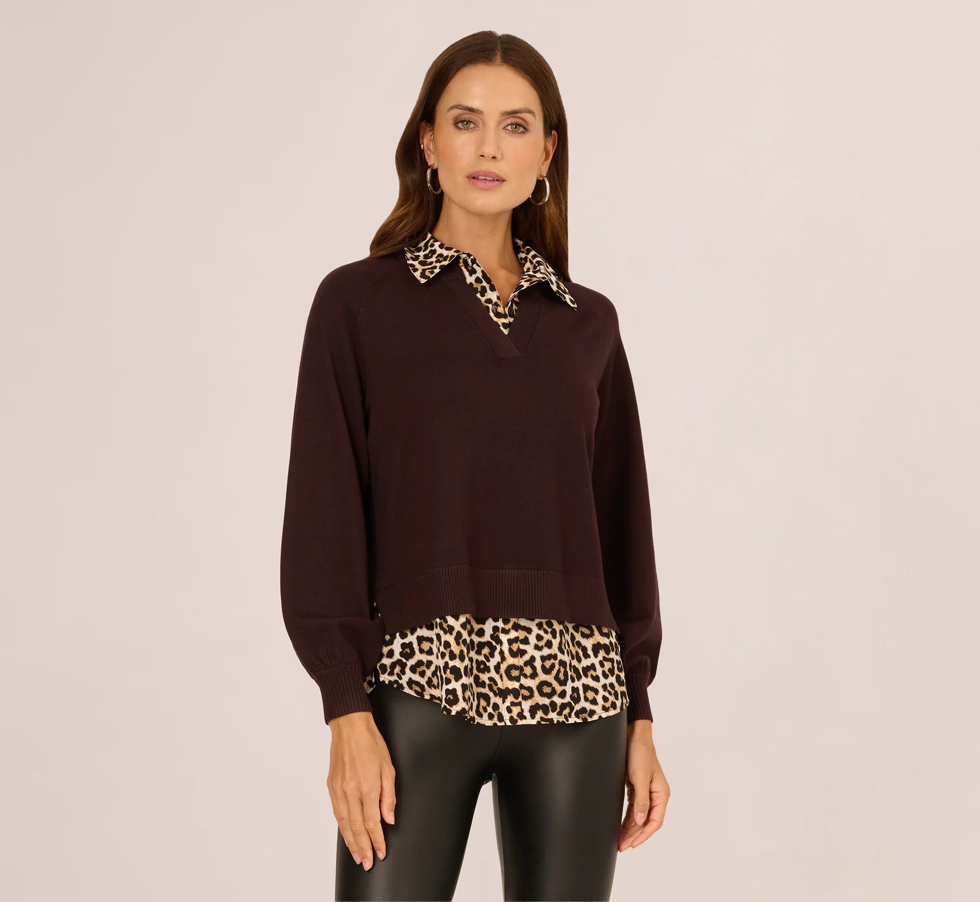 Long Sleeve Collared Printed Twover Sweater In Brownie W  Bengal Cheetah