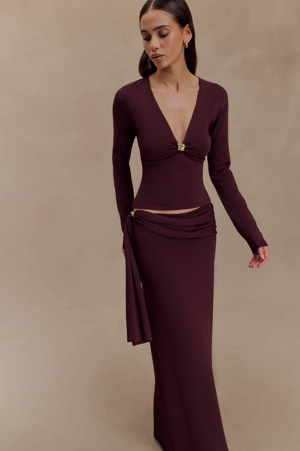 Miraby Front Ruched Knit Long Sleeve Top - Dark Chocolate