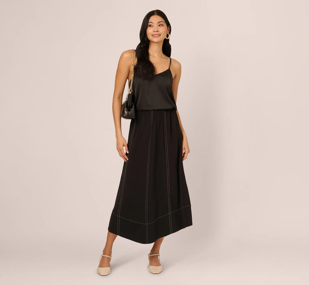 Contrast Stitching A Line Midi Skirt In Black Ivory