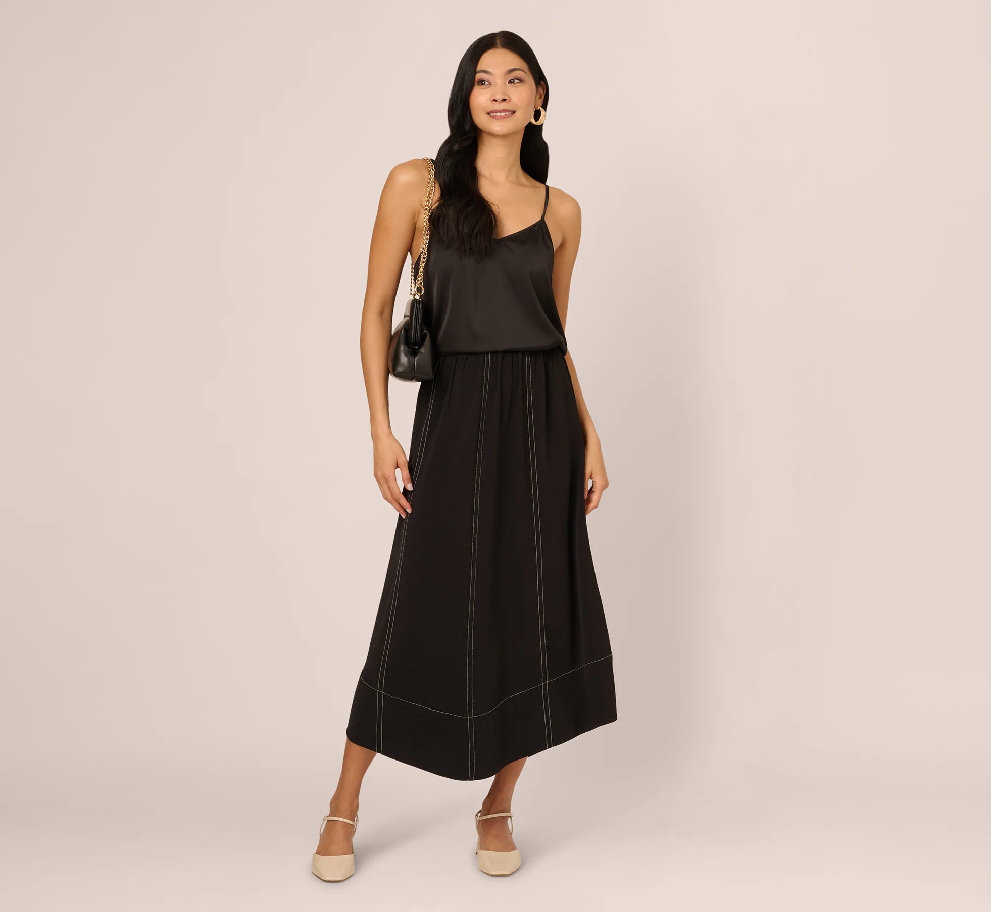 Contrast Stitching A Line Midi Skirt In Black Ivory