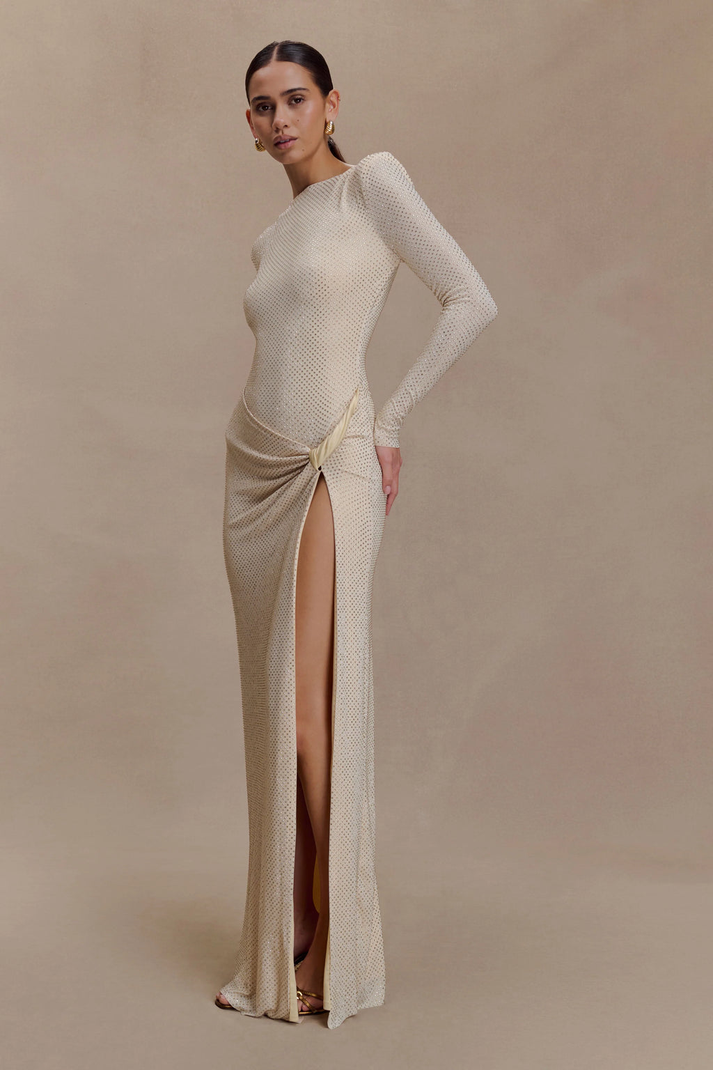 Deanna Long Sleeve Diamante Maxi Dress - Gold