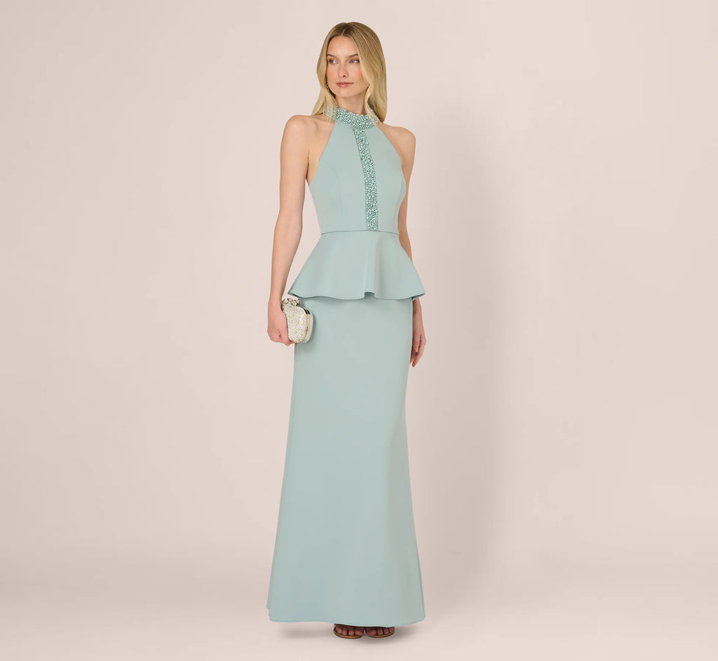 Sleeveless Pearly Halter Peplum Gown In Aqua Dust