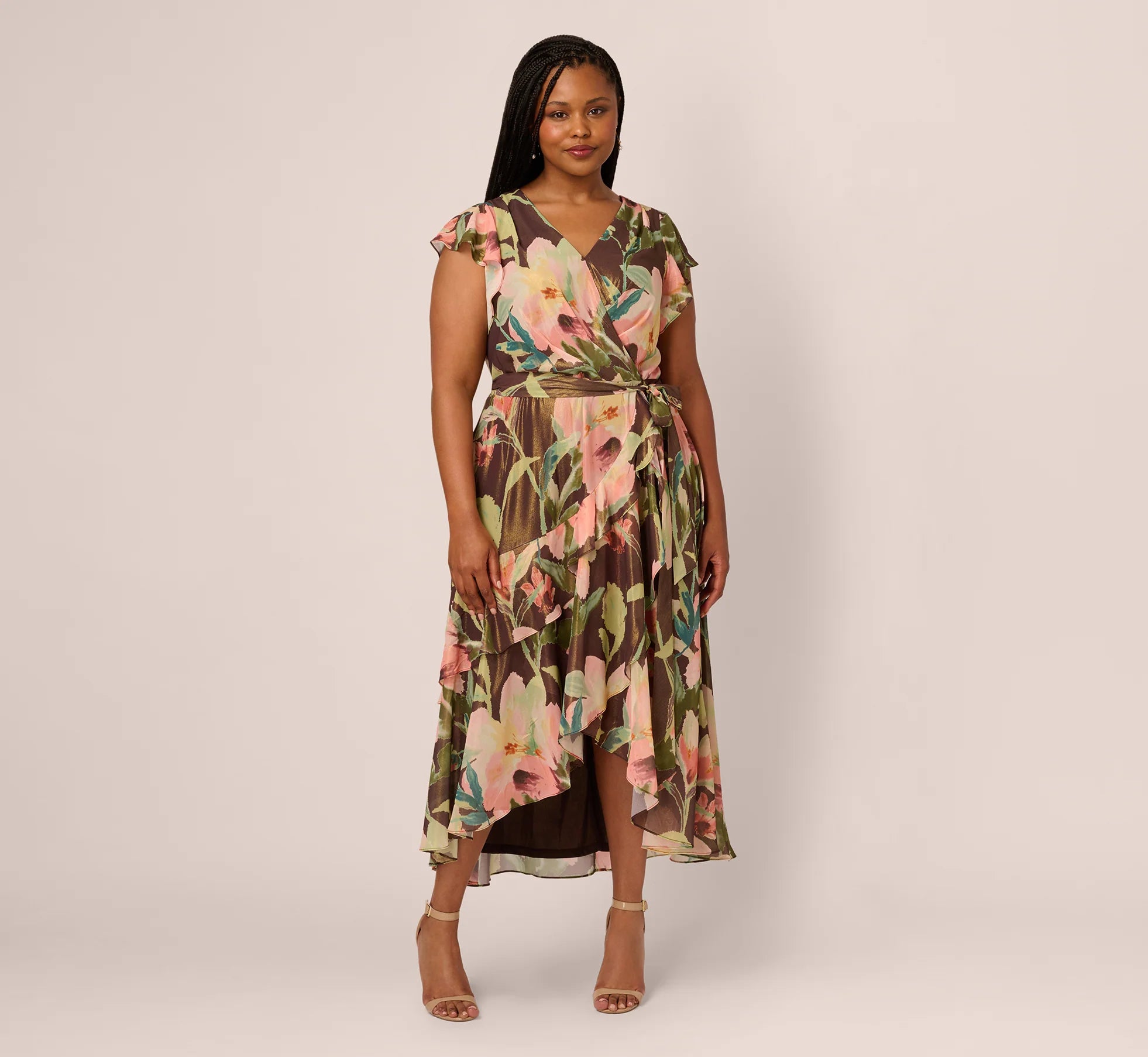 Plus Size Flutter Sleeve High Low Midi Wrap Dress In Brown Multi